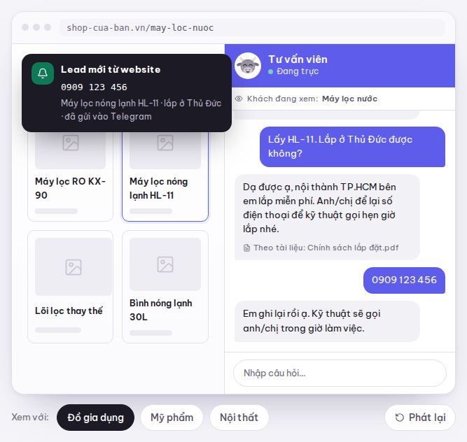 Khung chat Botia trên một trang máy lọc nước: khách hỏi lắp đặt ở Thủ Đức, bot trả lời theo tài liệu chính sách lắp đặt, khách gửi số điện thoại và cửa hàng nhận thông báo lead mới qua Telegram